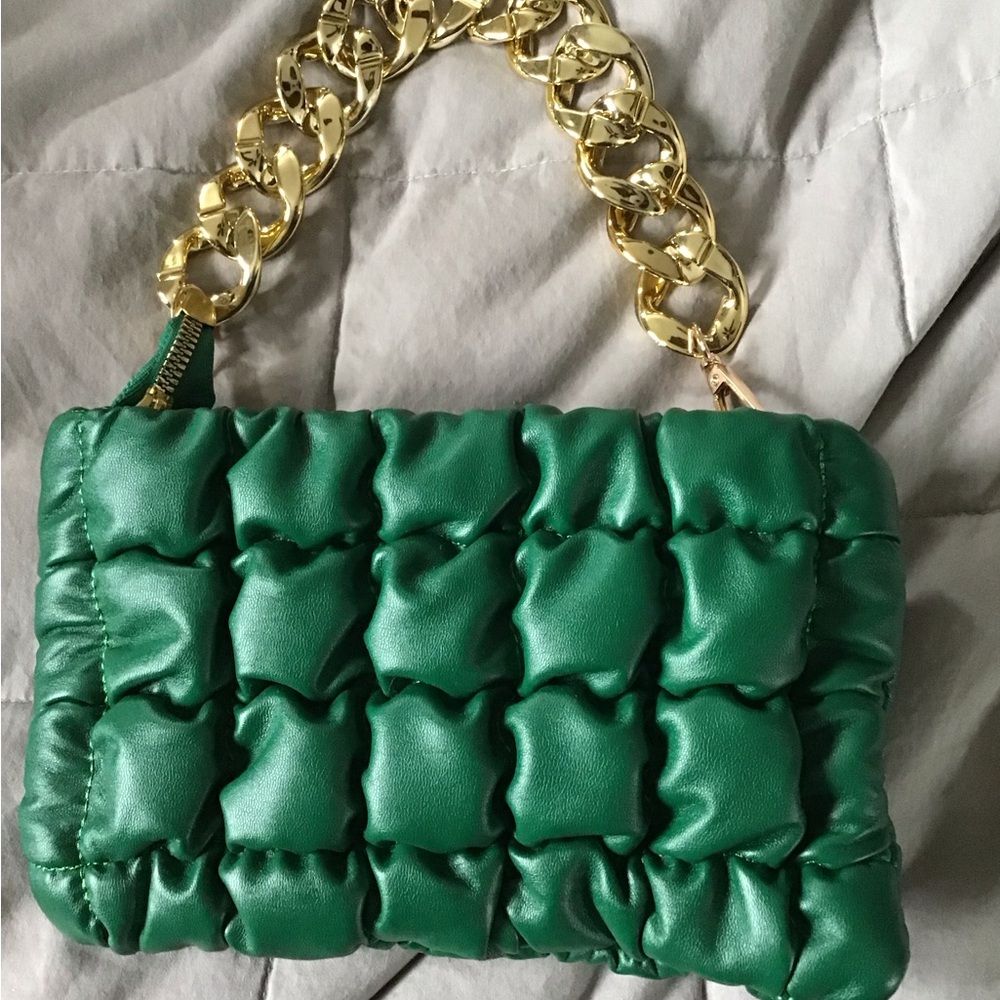 Green Quilted Women's Bag with Gold Chain